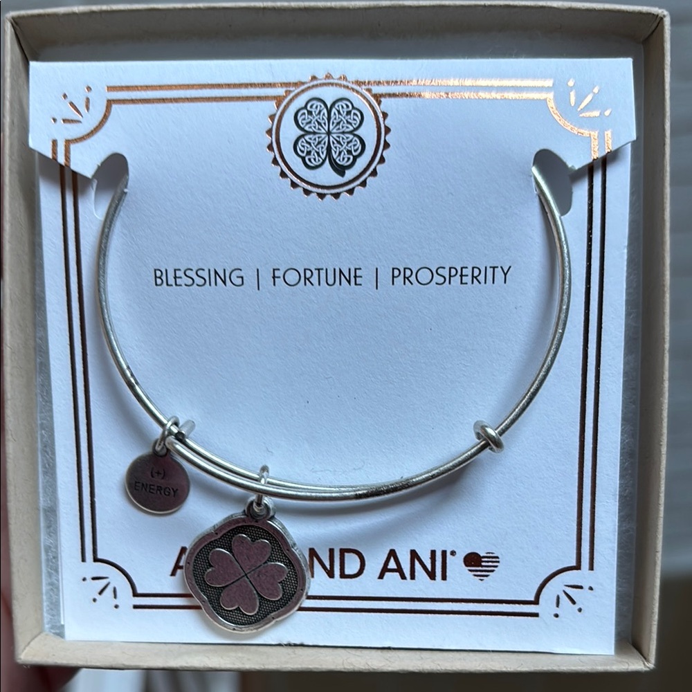 Alex and Ani Silver Bangle with Pink Clover Charm
